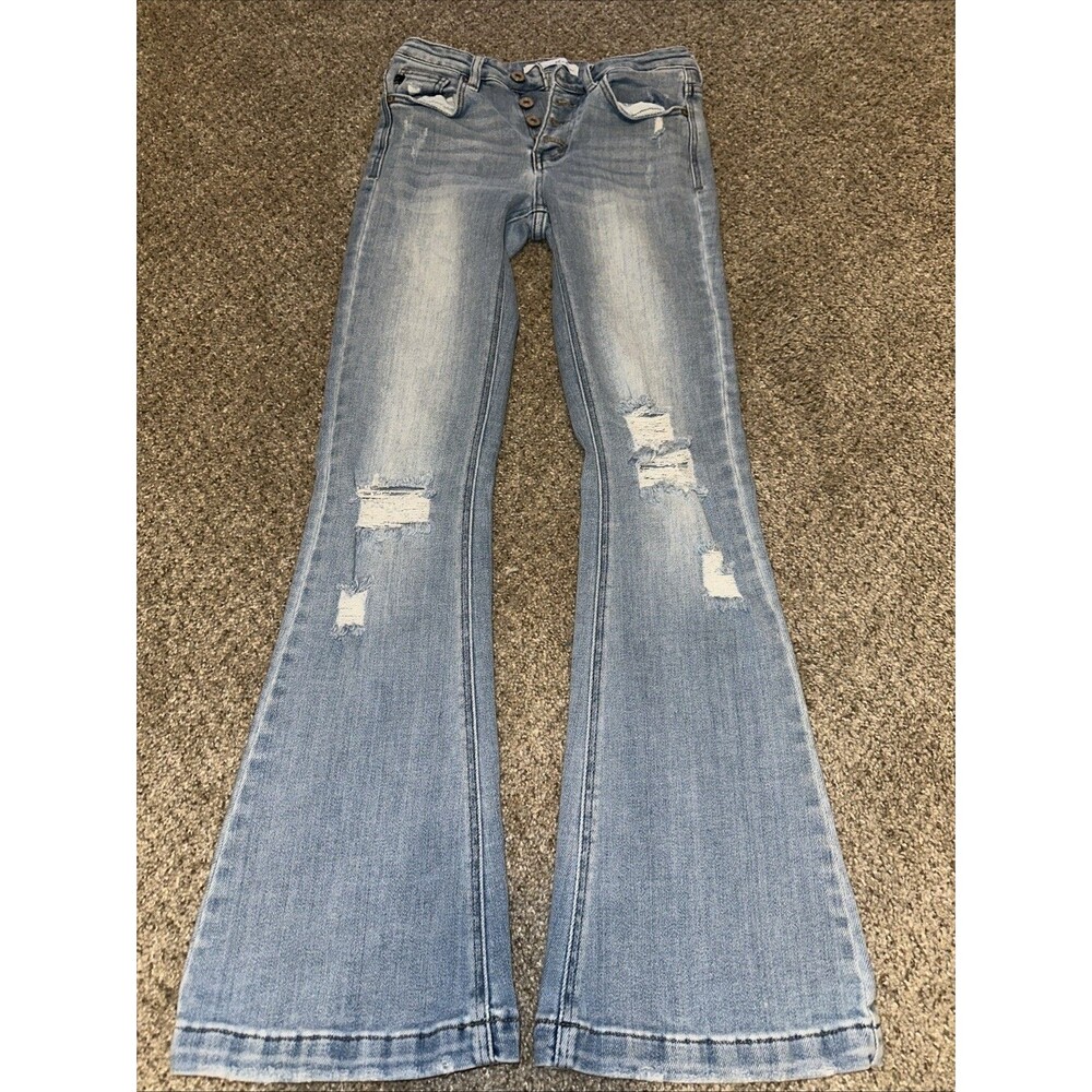 KanCan Petite Women’s La High Rise Flare Jeans Size 5/26 Button Fy Distressed